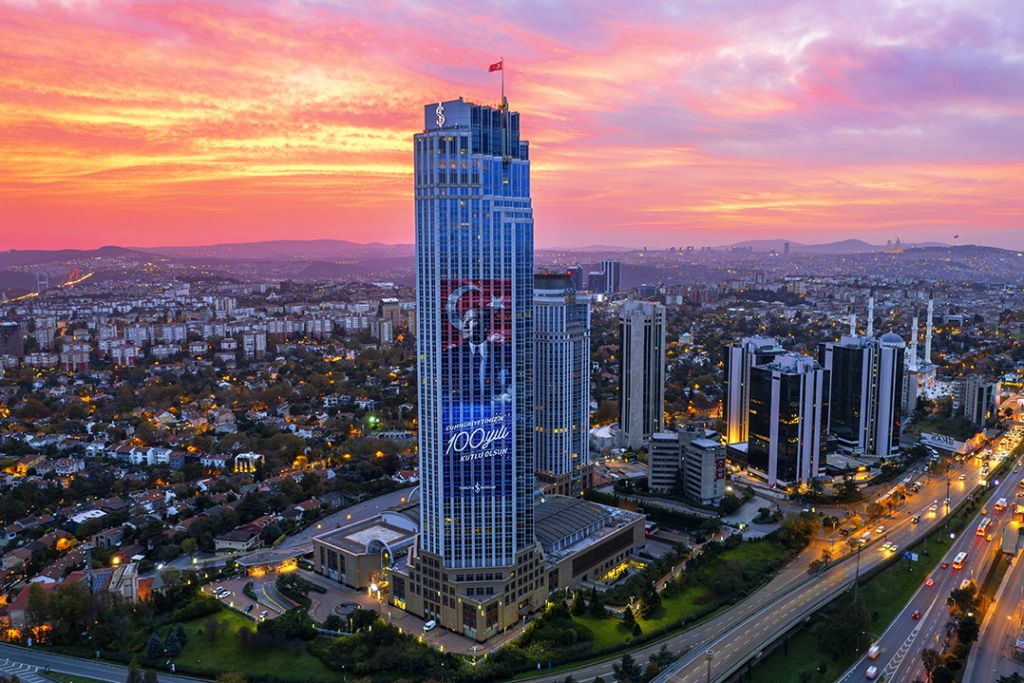 İş Kuleleri gün batımında İstanbul manzarası